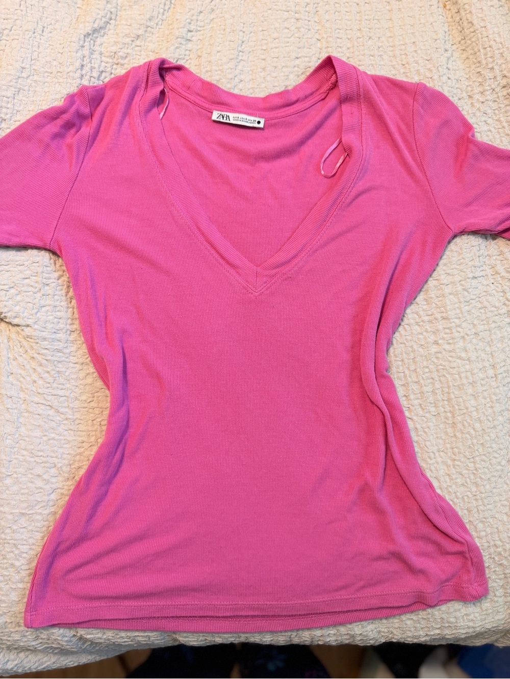 Zara Hot Pink V-Neck Short Sleeve Top